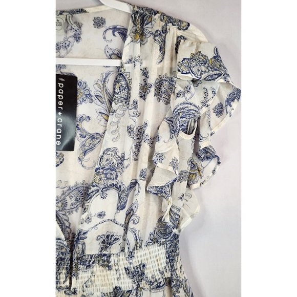 Paper Crane Dress Womens Small Blue White Open Front Midi Ruffled Cap Sleeve - Picture 9 of 16